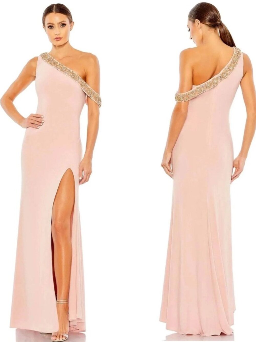 Mac Duggal Size 10 Rose Pink Beaded Drop Shoulder Jersey Gown Dress Formal Prom